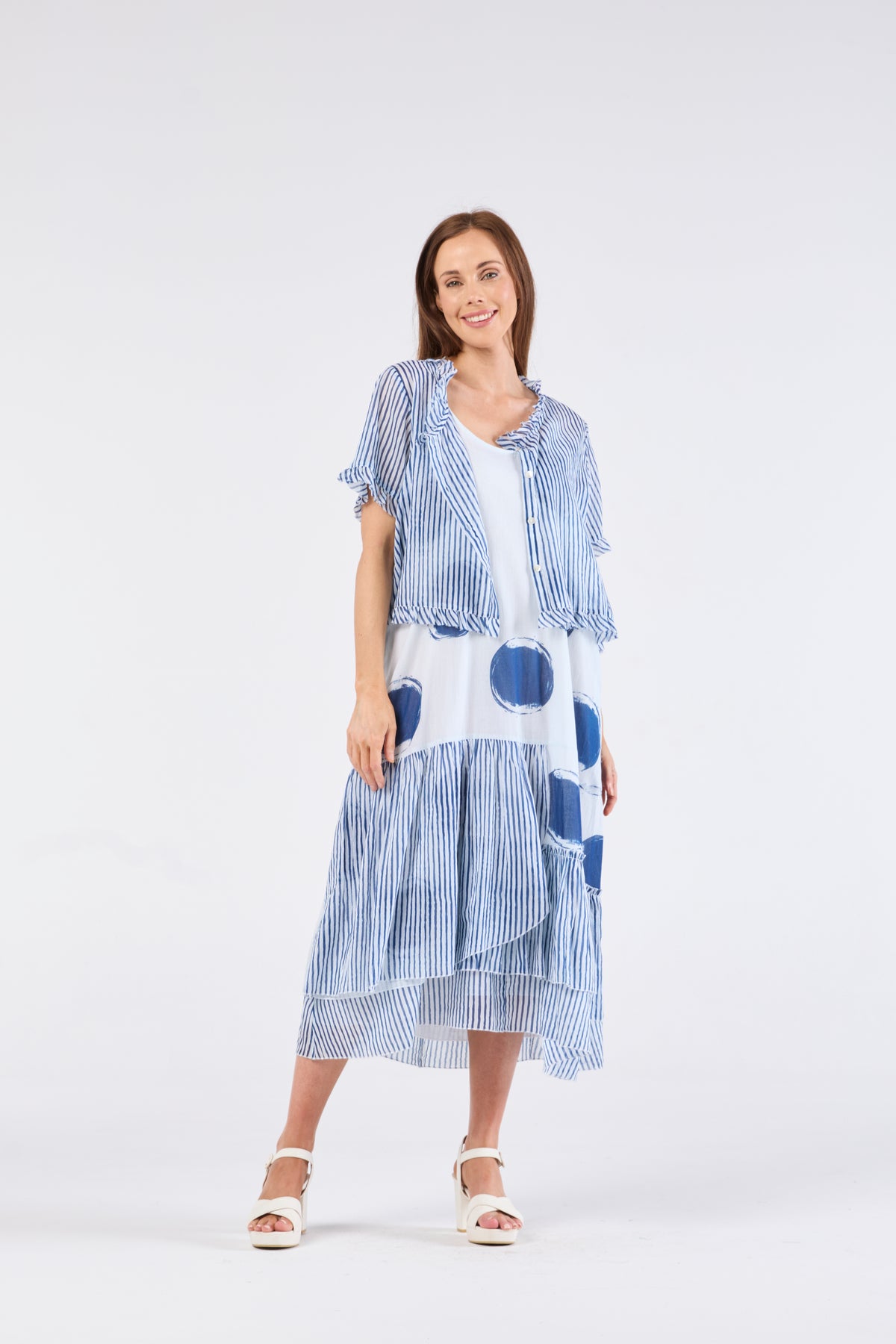 Au Hasard D'un Voyage Frill Seeker Short Cardi in Blue Stripe