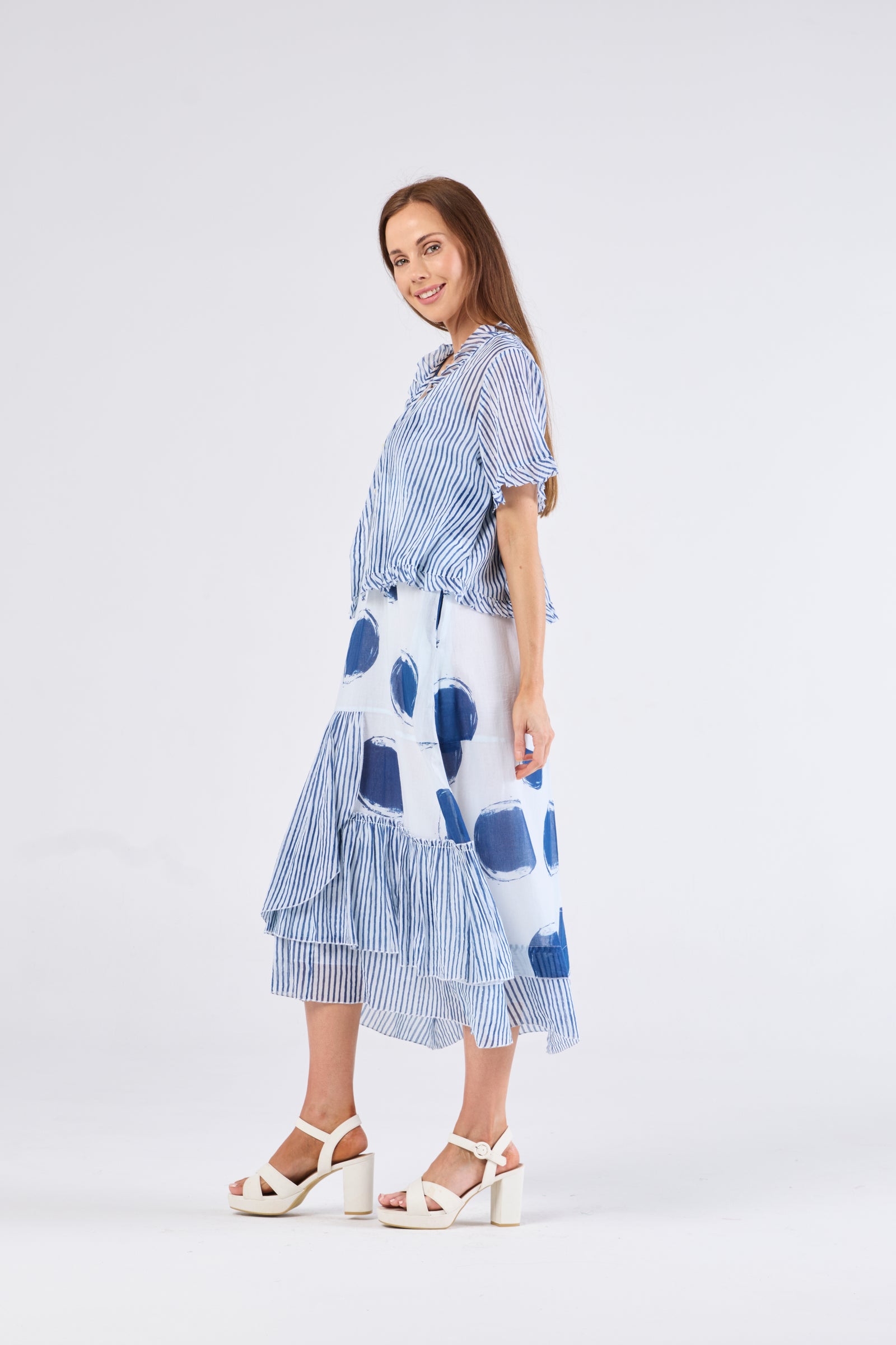 Au Hasard D'un Voyage Frill Seeker Short Cardi in Blue Stripe