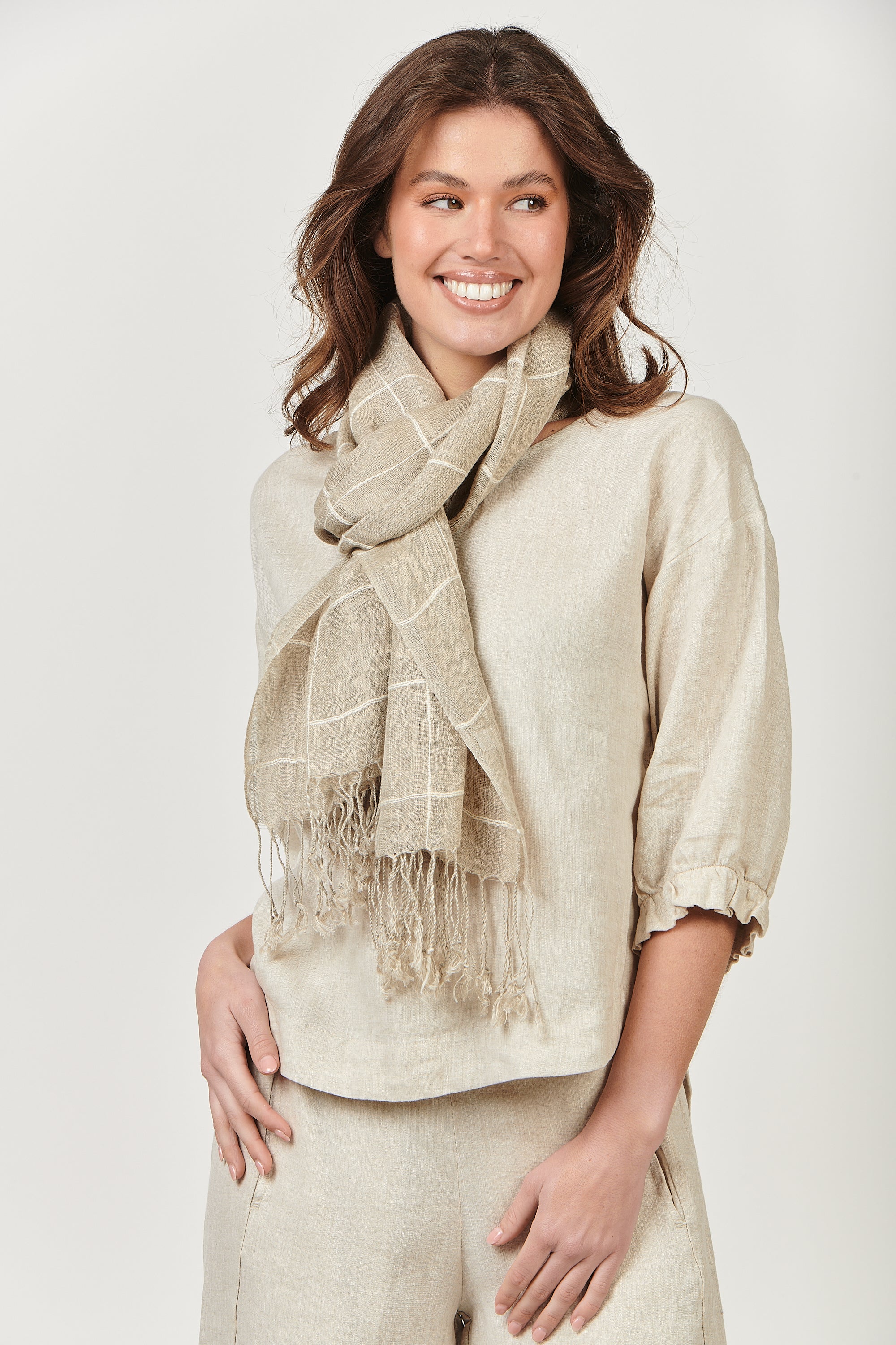 Naturals by O & J Linen Check Scarf in Breen