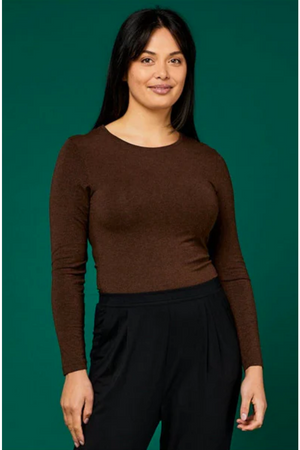 Tani Round neck Long sleeve fitted Tee Top in Chocolate Marle
