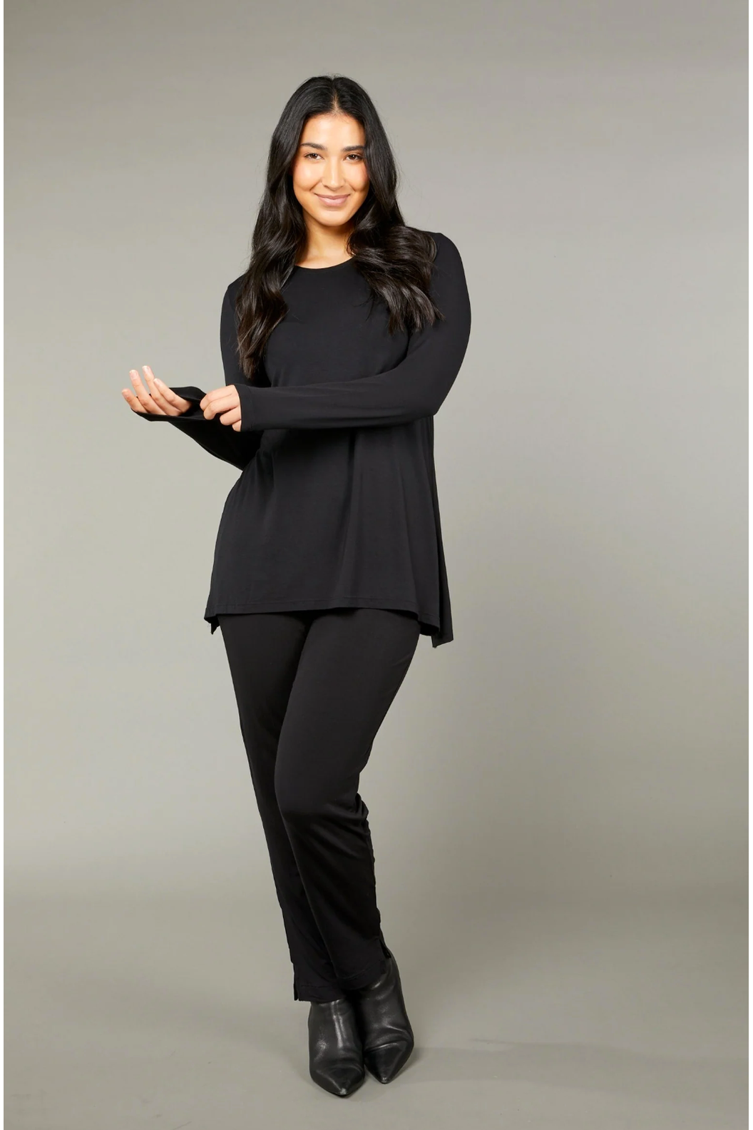 Tani High round neckline with long sleeve Swing Top in plain colours