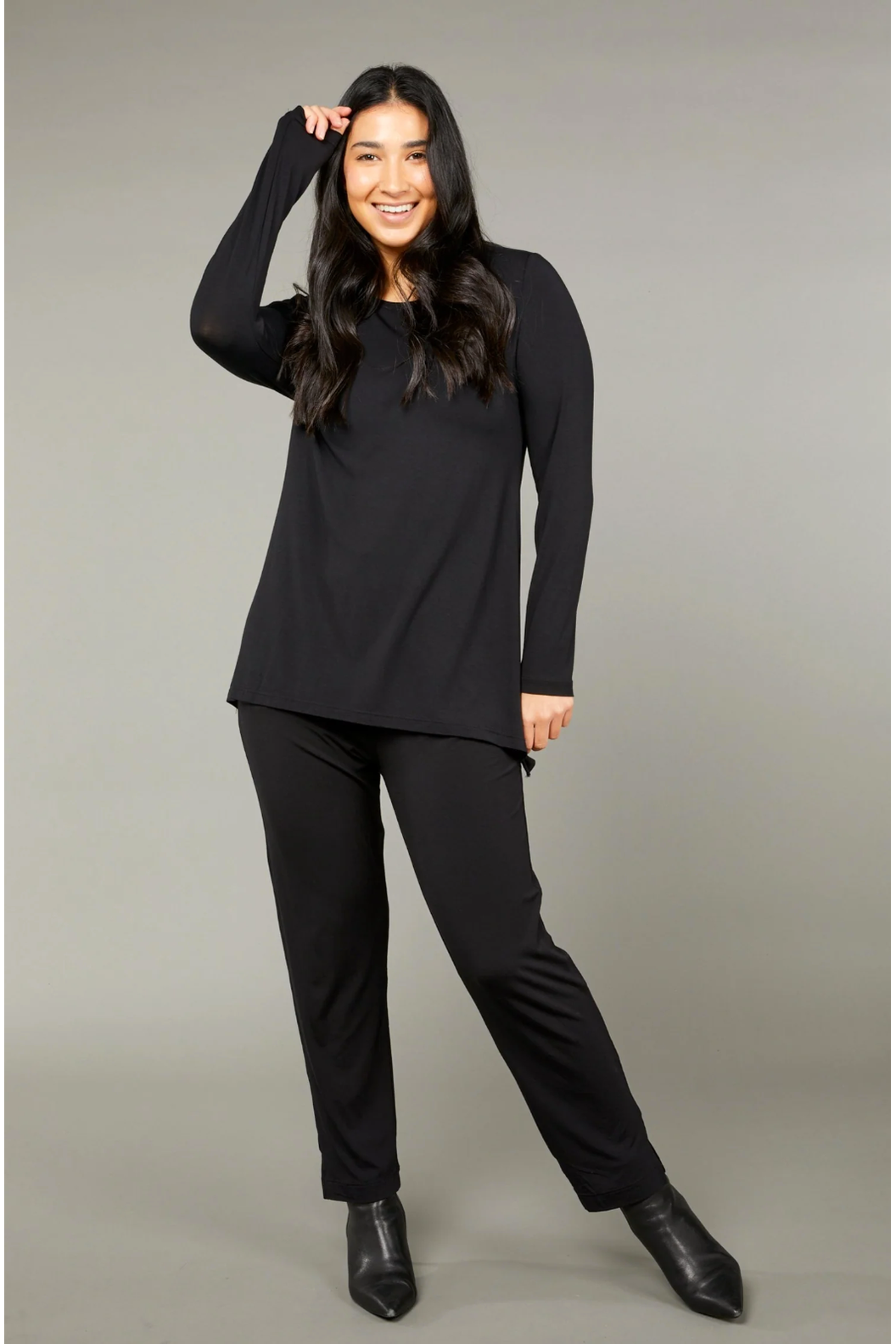Tani High round neckline with long sleeve Swing Top in plain colours