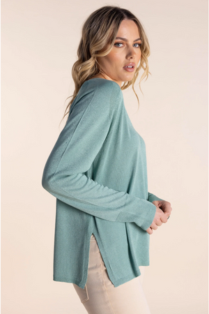 Two-T's Clothing Vee Lurex Sweater in Sage