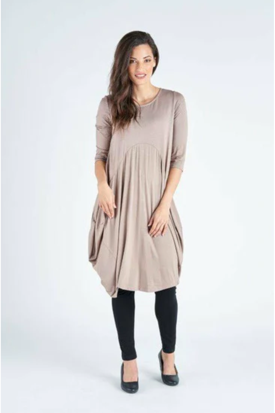 Vivid Knit Cotton Mix Drape Dress in Taupe