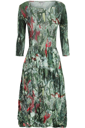 Alquema Three Quarter Sleeve Smash dress in Shiny reverse satin Forest Print