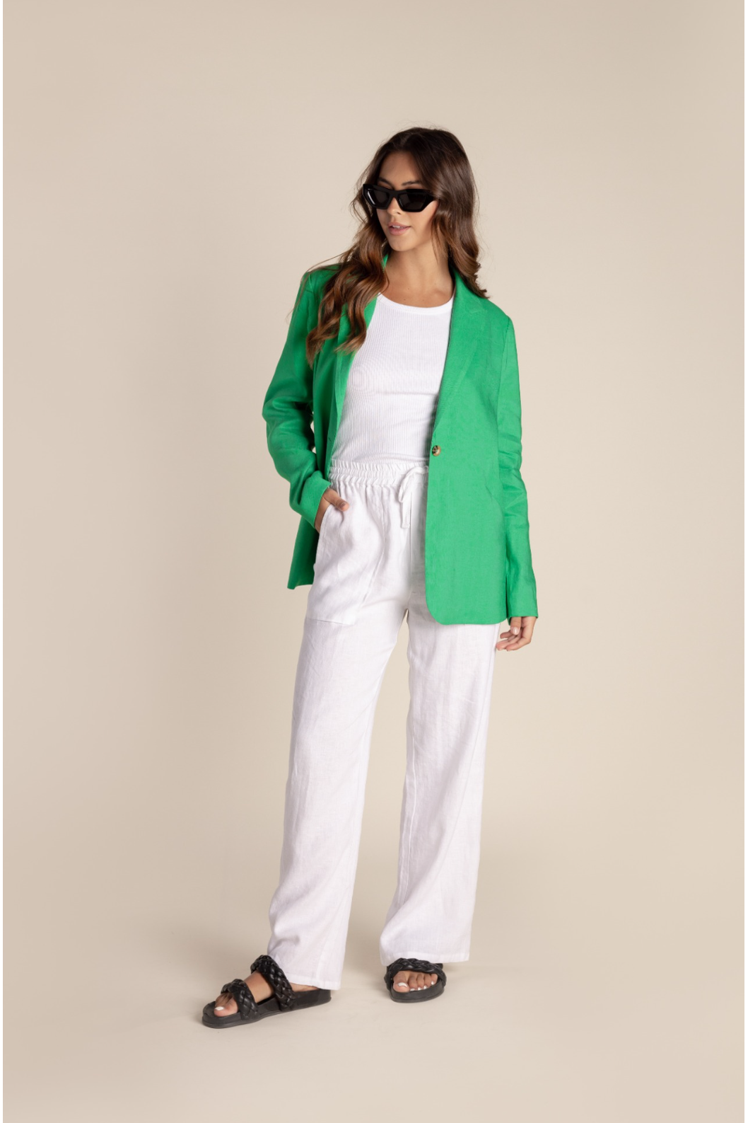 Green blazer store white pants