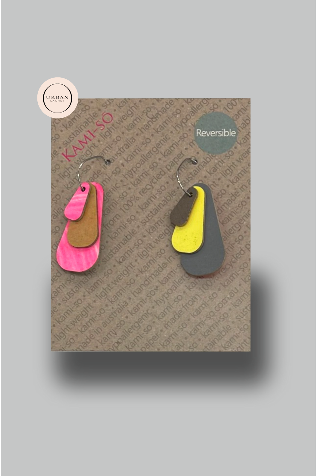 Kami-sō Reverse-A-Tile Expanding Triangle earrings in Pink and Chocolate