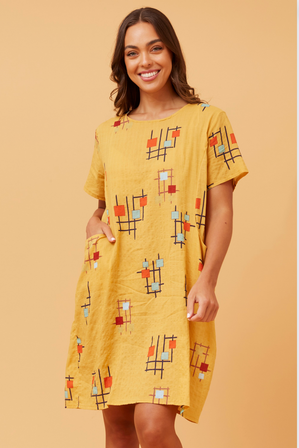 Caroline Morgan Short sleeve Cotton Print Dress in Mustard Abstract