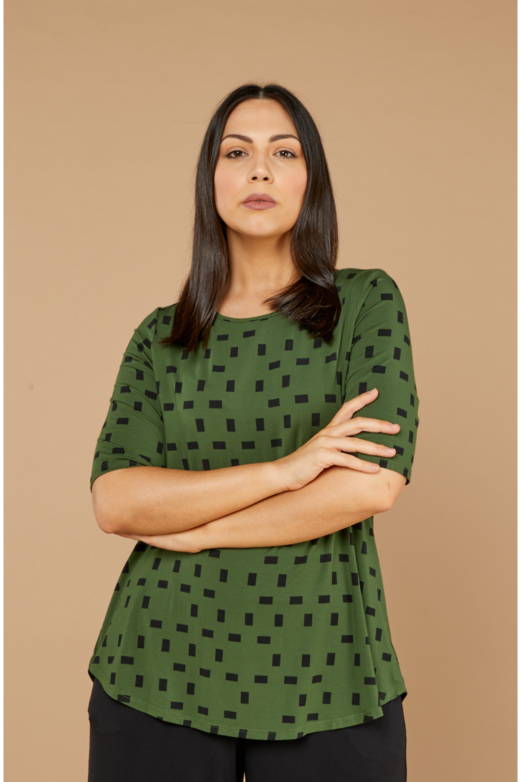 Tani Elbow sleeve swing top in Moss Print