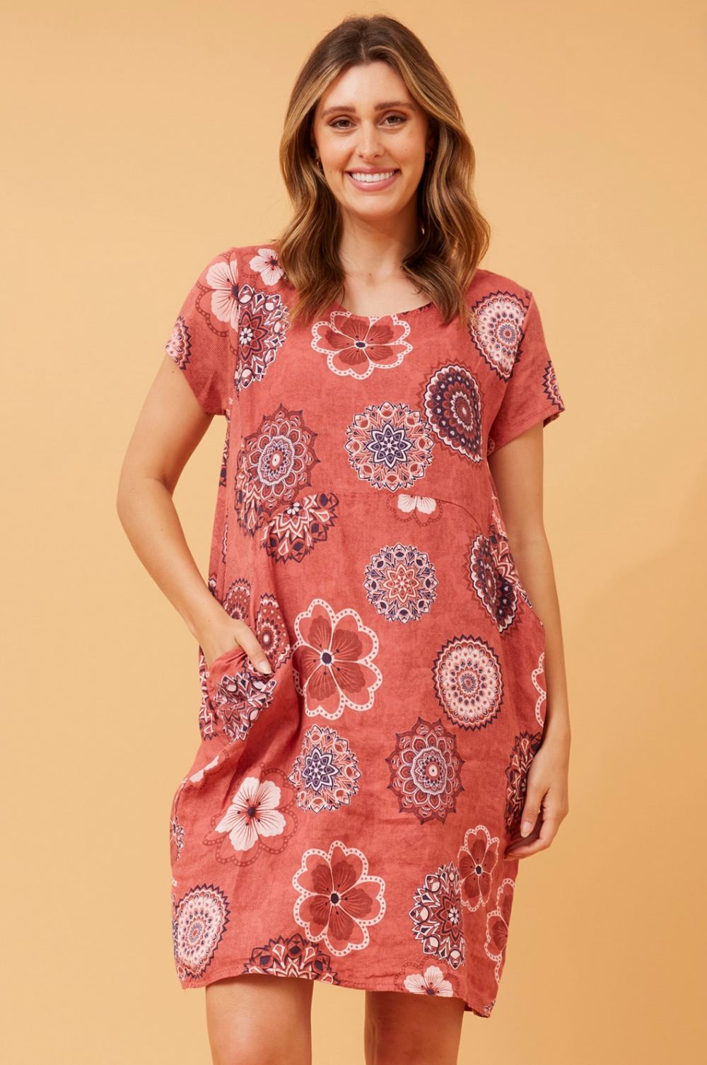 Bottega Moda Short Sleeve Linen Floral Print Dress in Rosa