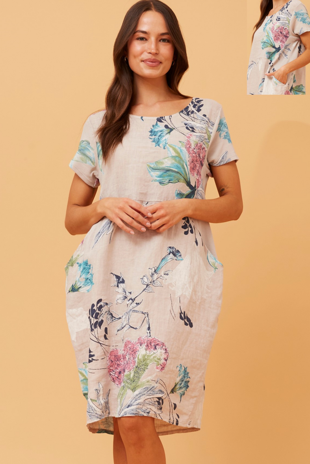 Bottega Moda Short Sleeve Linen Floral Print Dress in Beige