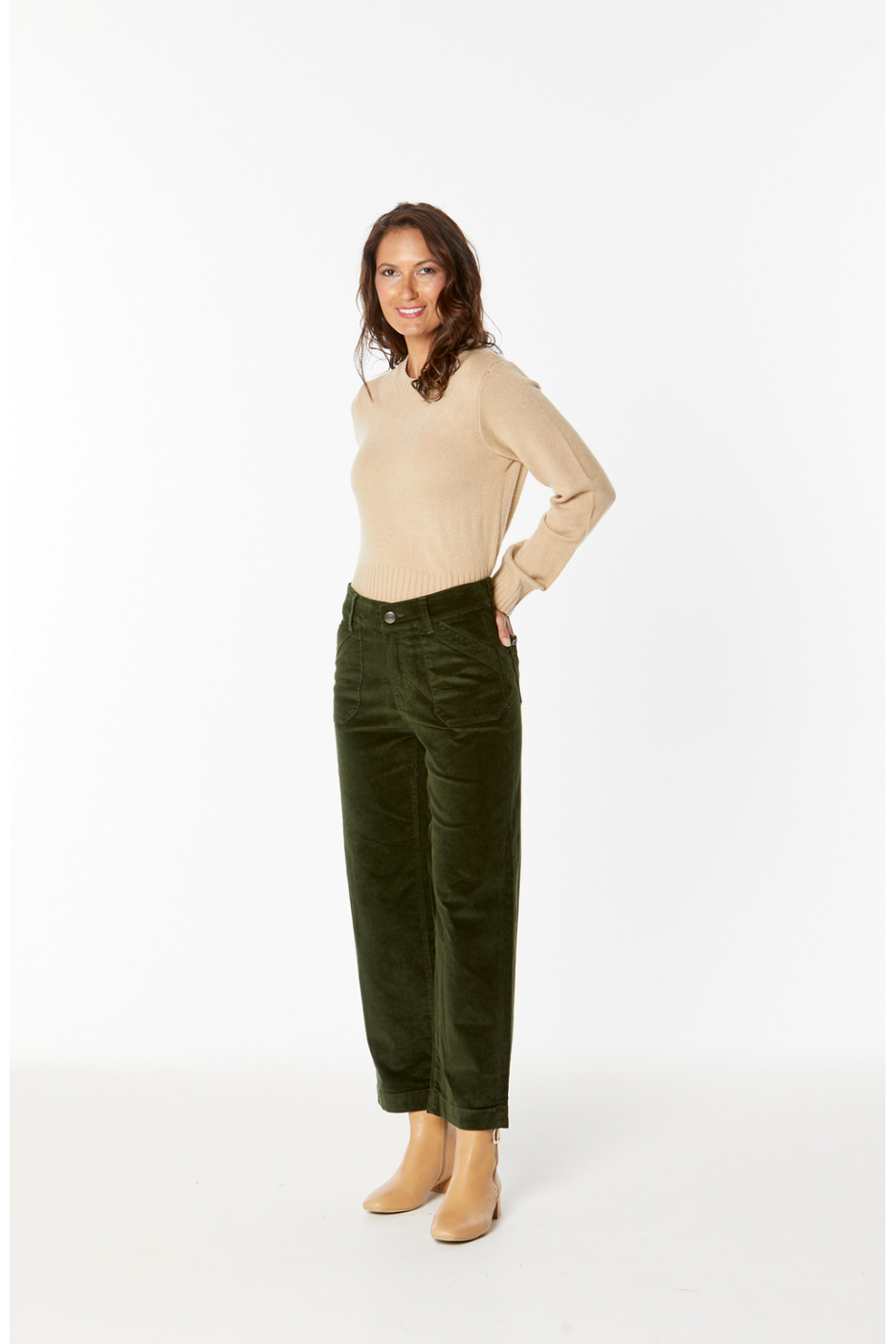 New London Jeans Penrith Loose Leg Ankle Grazer Cord Jean in Olive