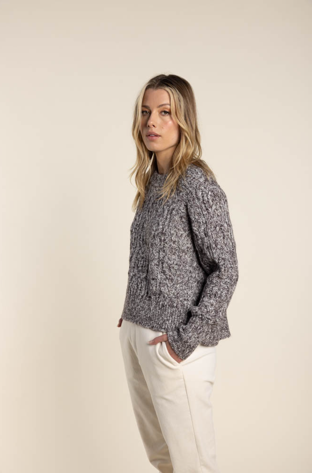 Two-T's Clothing Tweed Crew Cable Knit in Clove