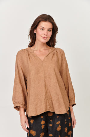 Naturals by O & J Ruched V Neckline Long Sleeve in Chai