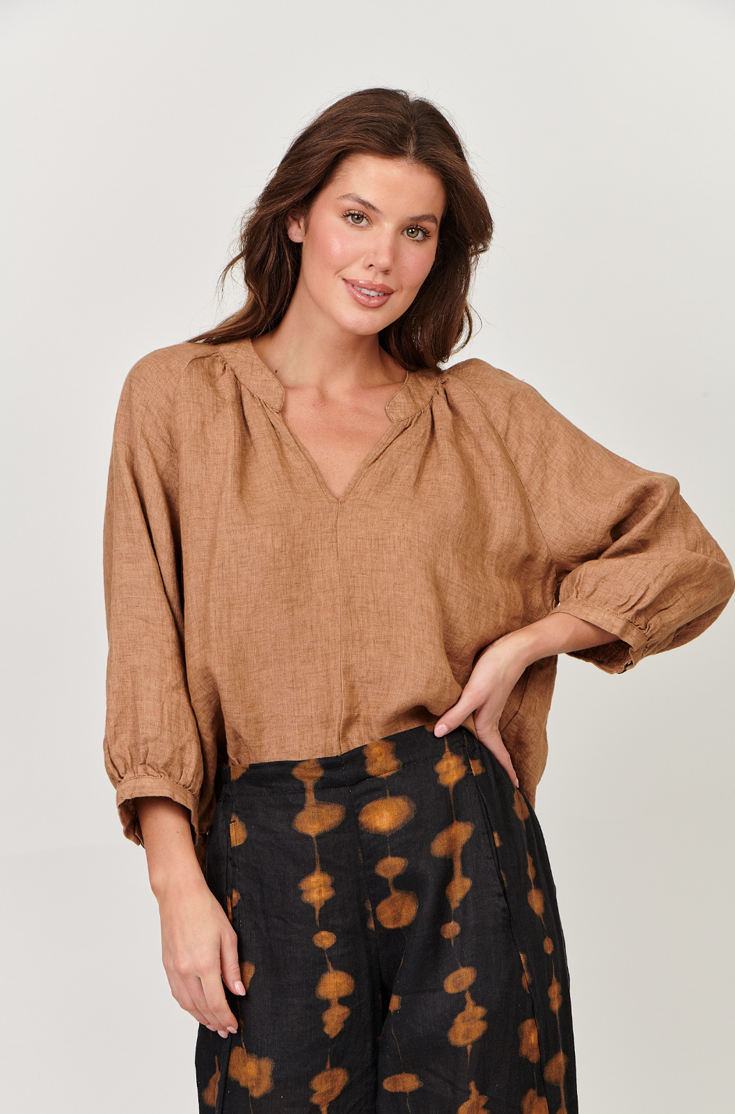 Naturals by O & J Ruched V Neckline Long Sleeve in Chai