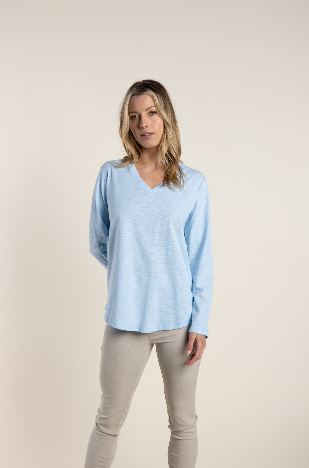 Two-T's Long Sleeve V Neck Tee in Ice Blue