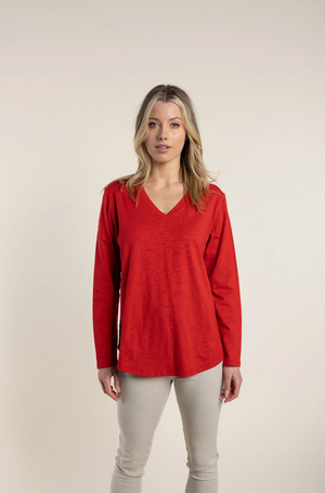Two-T's Long Sleeve V Neck Tee in Red