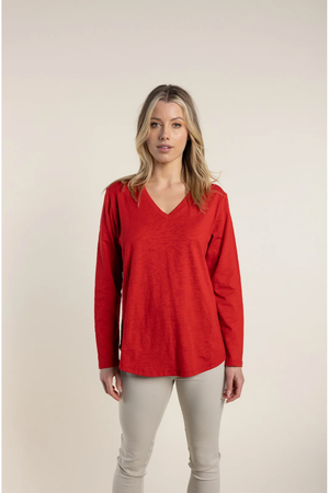 Two-T's Long Sleeve V Neck Tee in Red