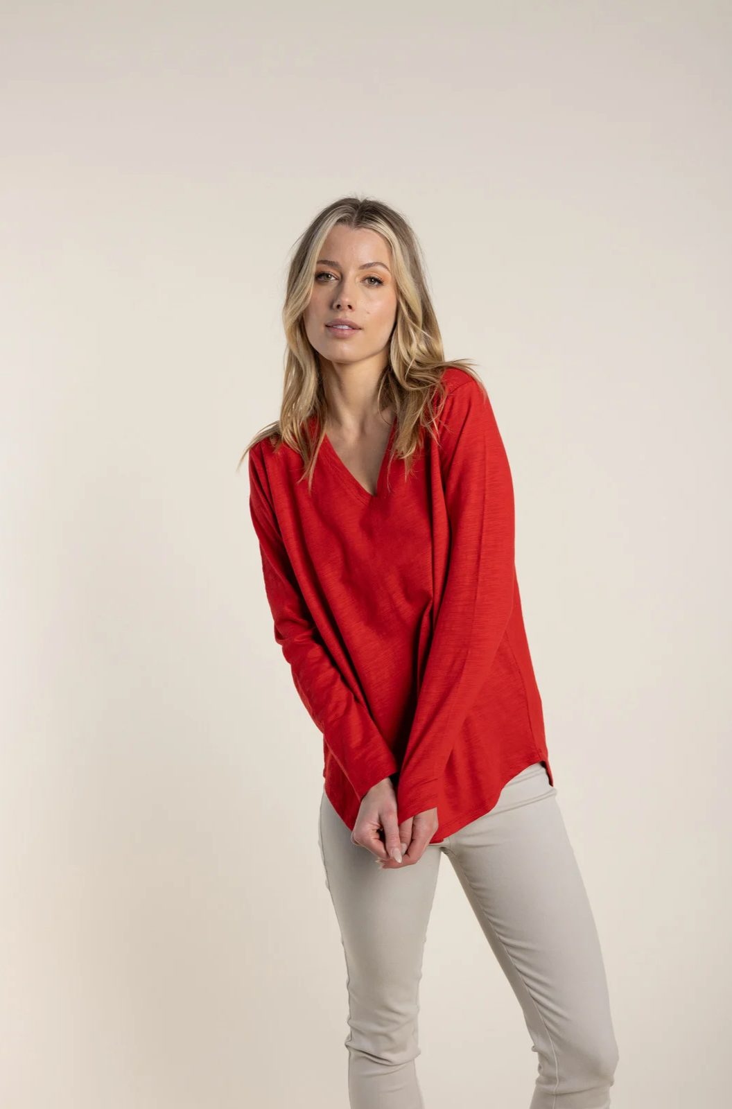 Two-T's Long Sleeve V Neck Tee in Red