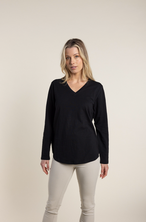 Two-T's Long Sleeve V Neck Tee in Black