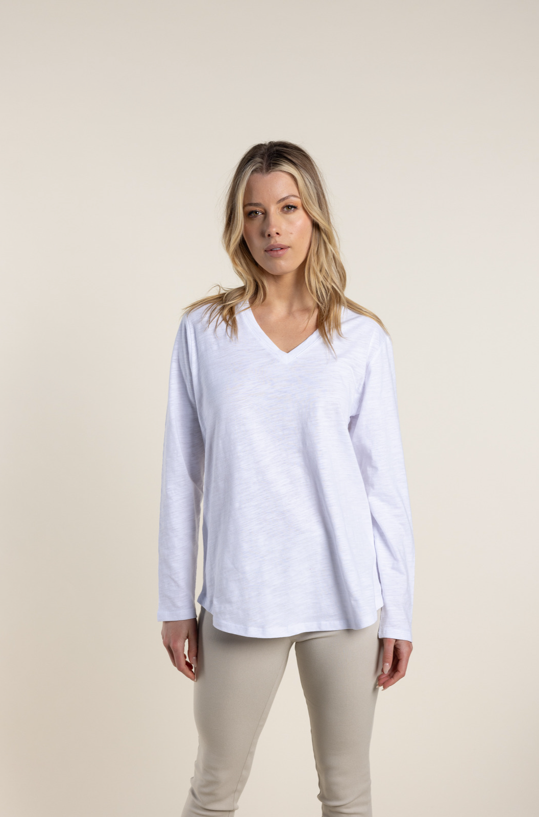 Two-T's Long Sleeve V Neck Tee in White