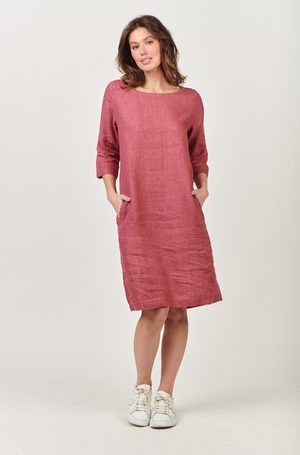 Naturals by O & J Boat Neck Linen Dress in Rhubarb