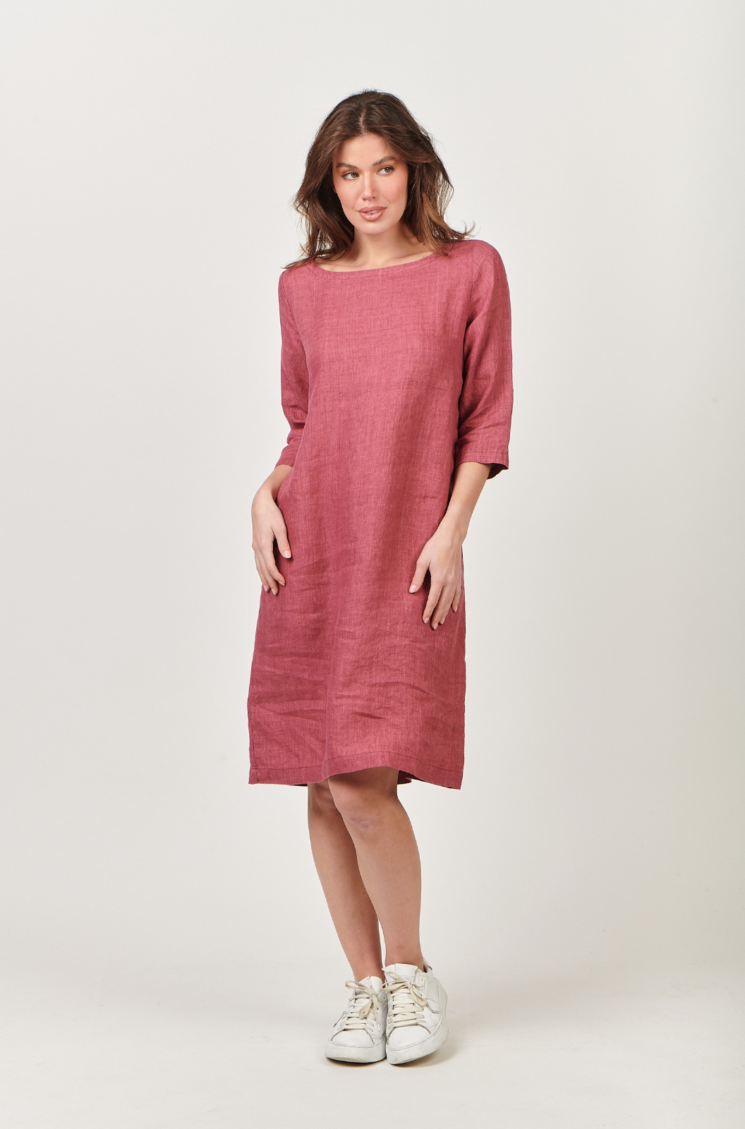 Naturals by O & J Boat Neck Linen Dress in Rhubarb