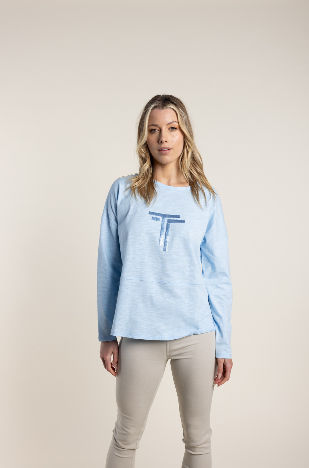 Two T's Sequin Trim Logo Tee in Ice Blue