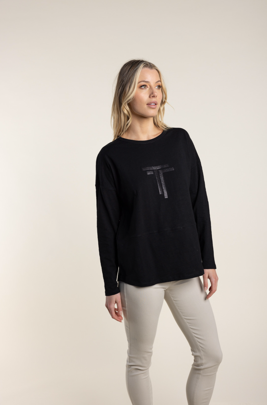 Two T's Sequin Trim Logo Tee in Black