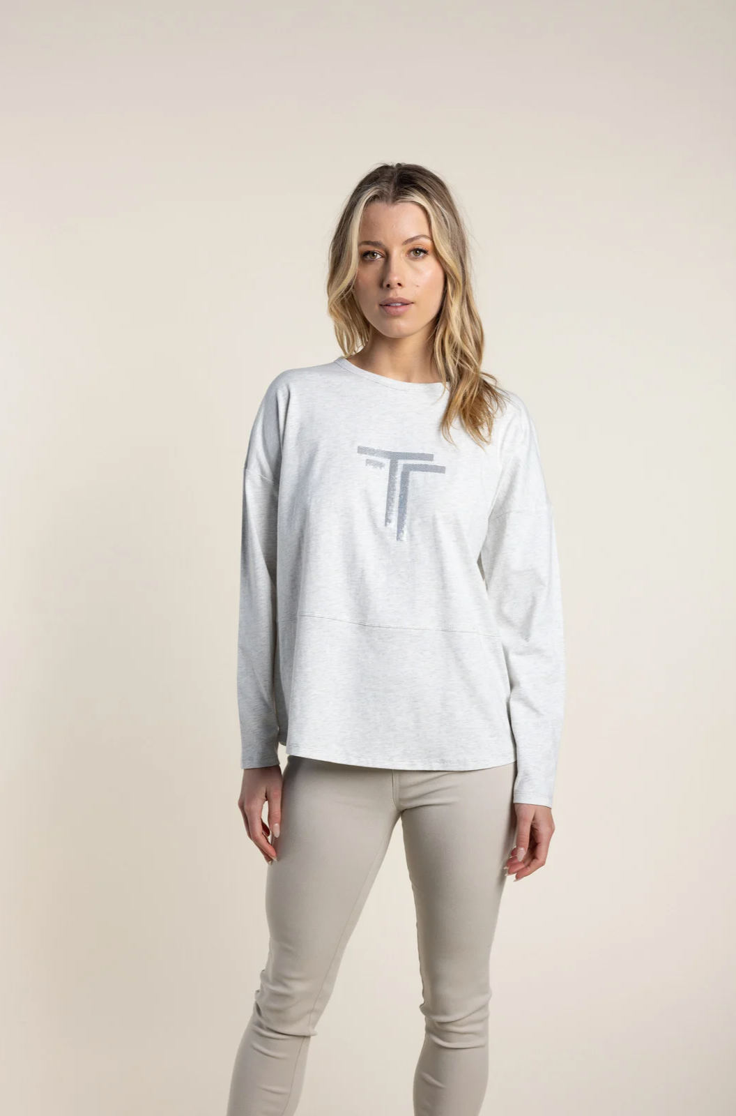 Two T's Sequin Trim Logo Tee in Grey Marle