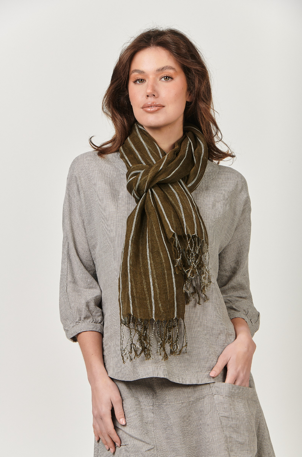 Naturals by O & J Linen Striped Scarf in Breen