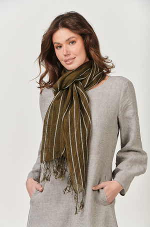 Naturals by O & J Linen Striped Scarf in Breen