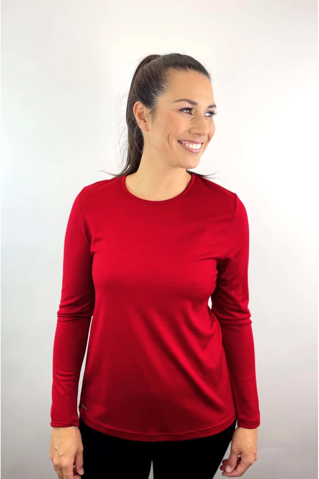 Ebony Merino Long Sleeve Crew Top in Ruby