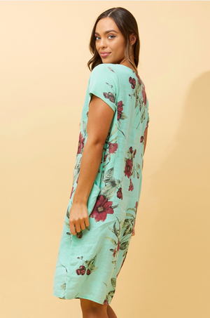 Bottega Moda Short Sleeve Linen Floral Print Dress in Aqua