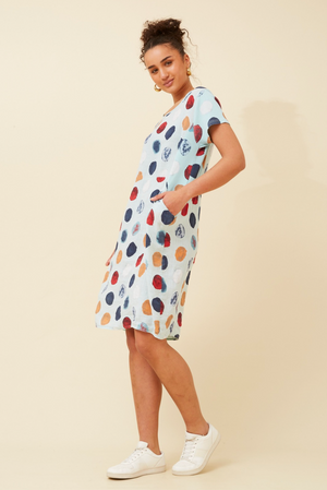 Bottega Moda Short Sleeve Linen Spot Print Dress in Aqua