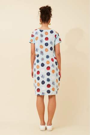 Bottega Moda Short Sleeve Linen Spot Print Dress in Aqua