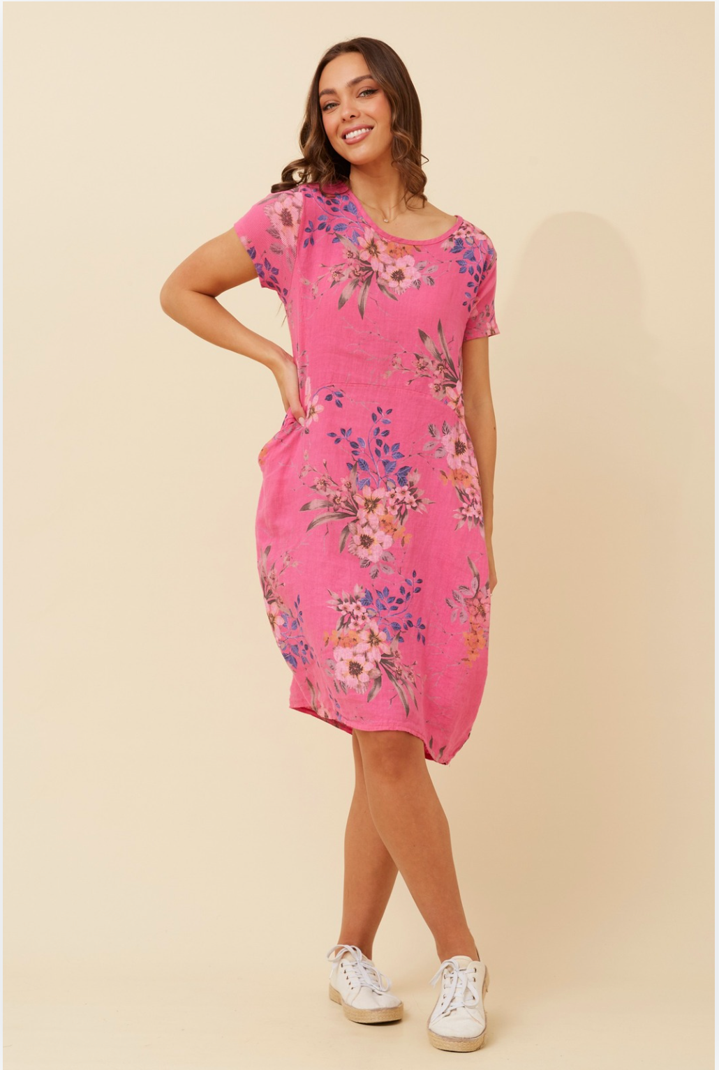 Bottega Moda Short Sleeve Linen Floral Print Dress in Fuchsia