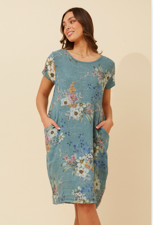 Bottega Moda Short Sleeve Linen Floral Print Dress in Verde