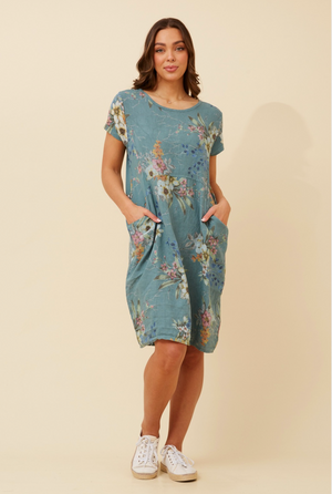 Bottega Moda Short Sleeve Linen Floral Print Dress in Verde