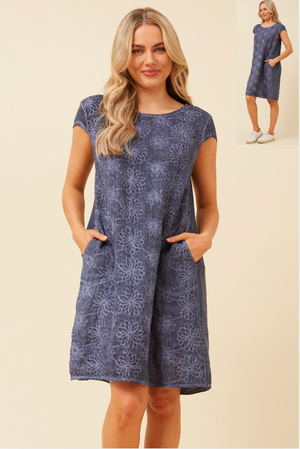 Bottega Moda Cap Sleeve Linen Embroidered Dress in Navy Blue