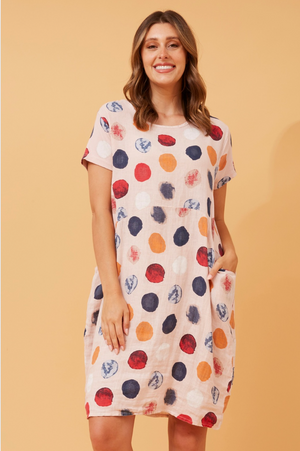 Bottega Moda Short Sleeve Linen Spot Print Dress in Rosa