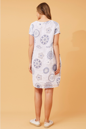 Bottega Moda Short Sleeve Linen Floral Print Dress in White