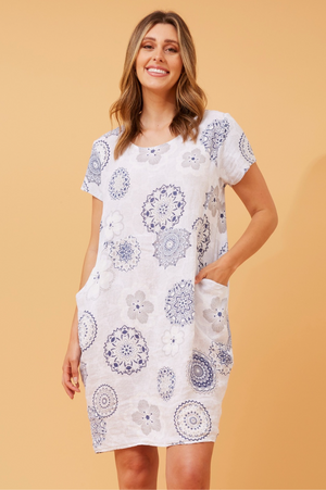 Bottega Moda Short Sleeve Linen Floral Print Dress in White