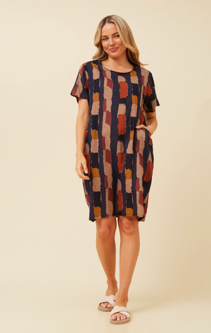 Caroline Morgan Cotton Mix Printed Sundress in Abstract Navy