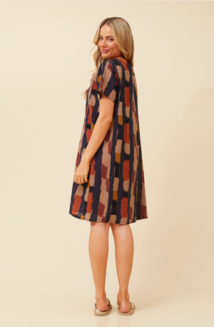 Caroline Morgan Cotton Mix Printed Sundress in Abstract Navy