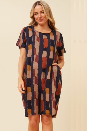 Caroline Morgan Cotton Mix Printed Sundress in Abstract Navy