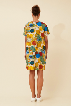 Caroline Morgan Cotton Mix Printed Sundress in Marigold Circles