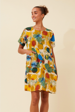 Caroline Morgan Cotton Mix Printed Sundress in Marigold Circles