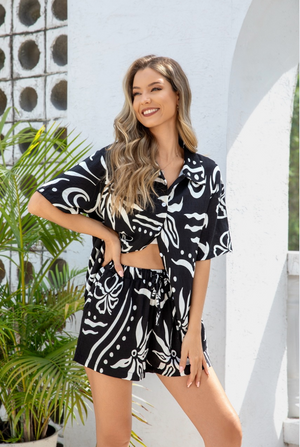 Mutig Fashion Shirt and Short Set in Classic Black and Ivory Abstract Print