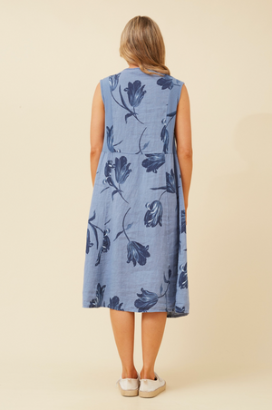 Bottega Moda Sleeveless Linen Printed Dress in Denim Blue